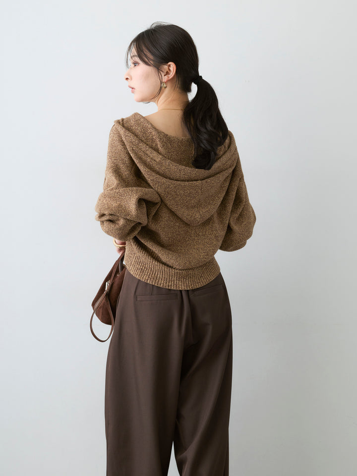 [予約]メランジボリュームスリーブフードニットカーディガン/brown