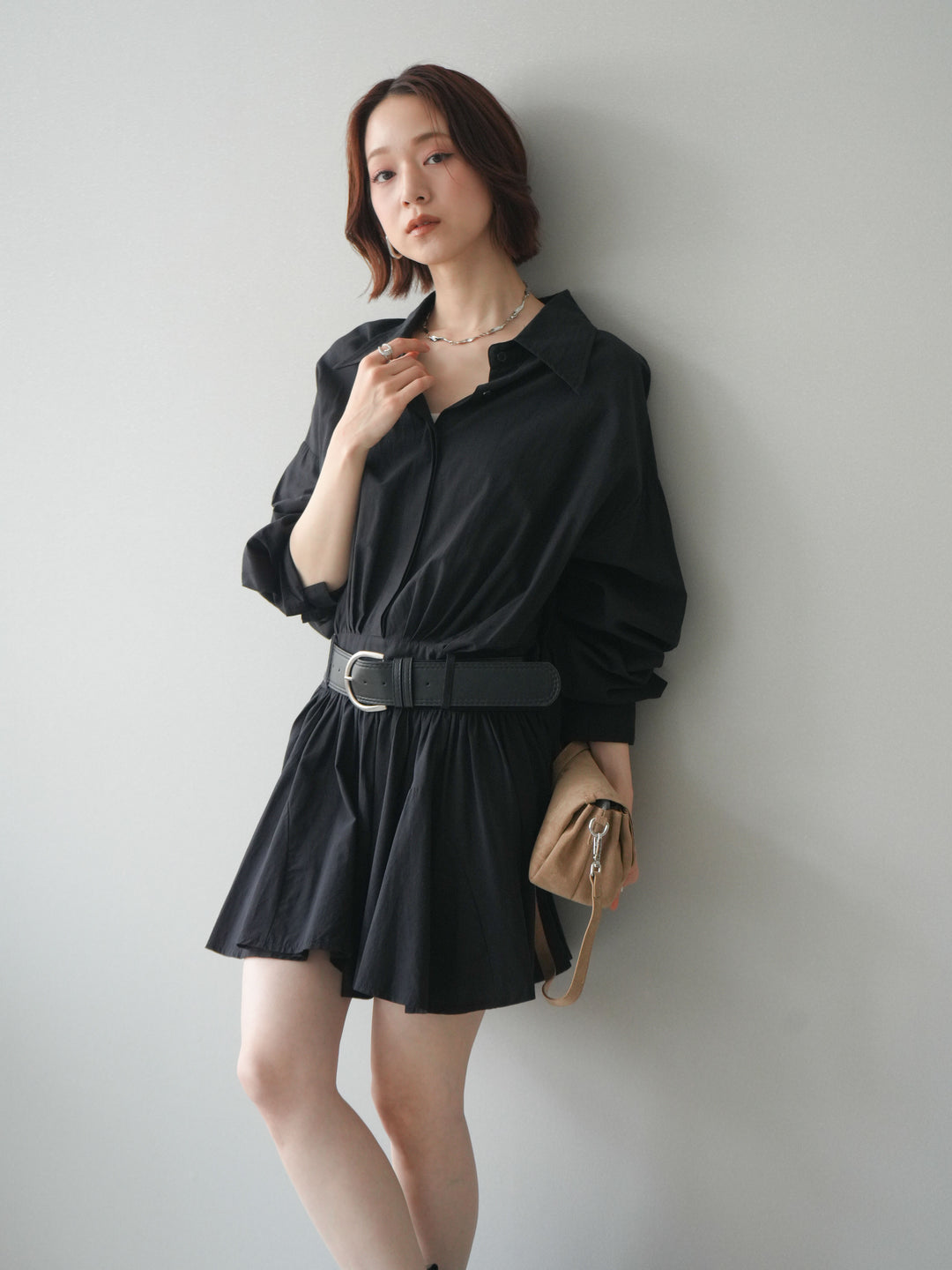 [予約]ベルト付フレアシャツミニワンピース/black