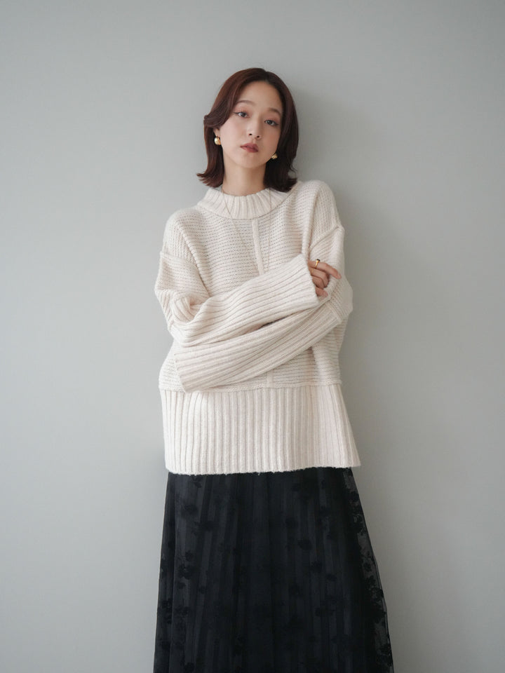 [SET]編み地切替ボトルネックニットプルオーバー+フラワーフロッキーチュールプリーツスカート(2set)