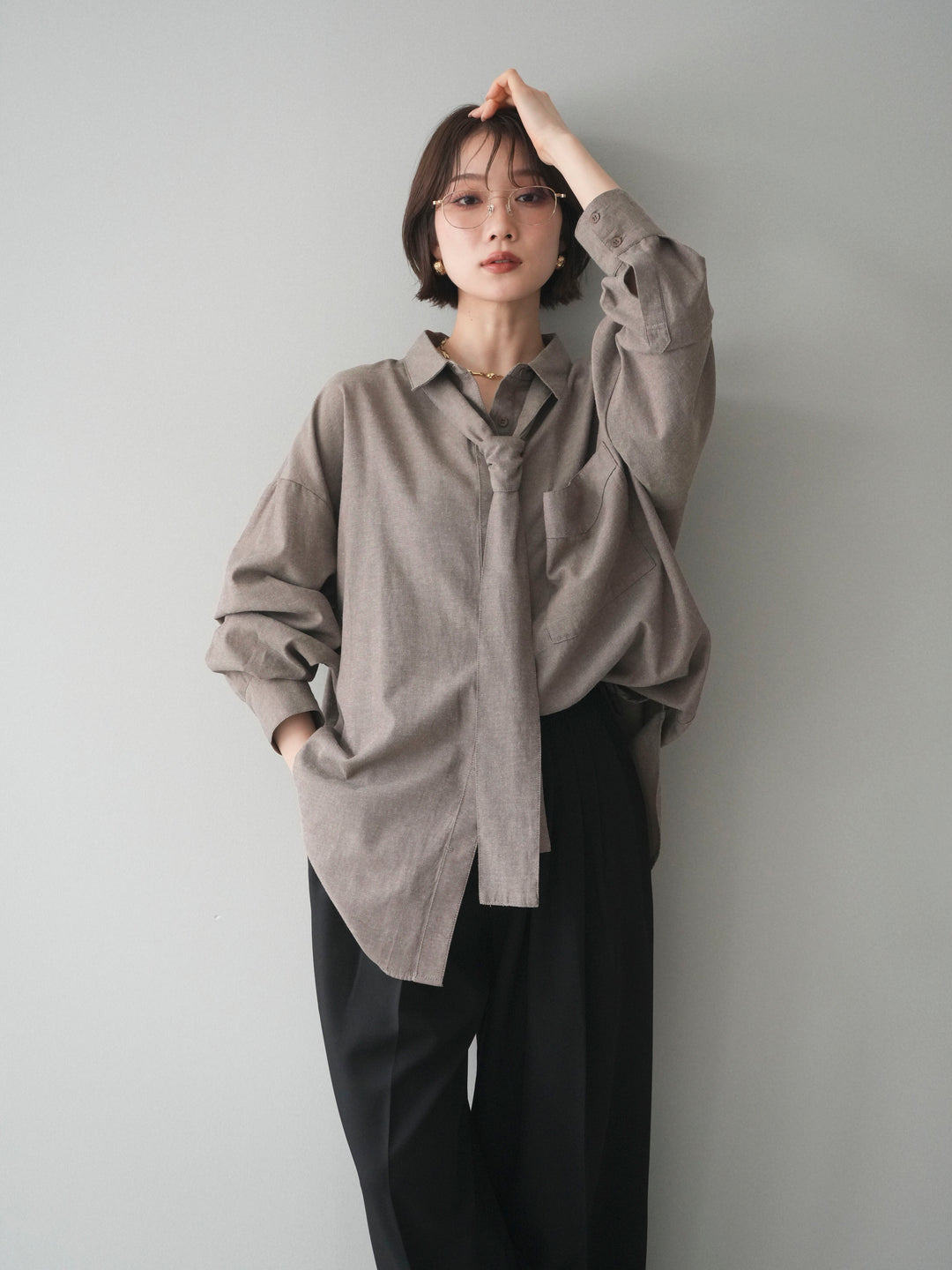 [予約]コットンライクボウタイオーバーシャツ/brown