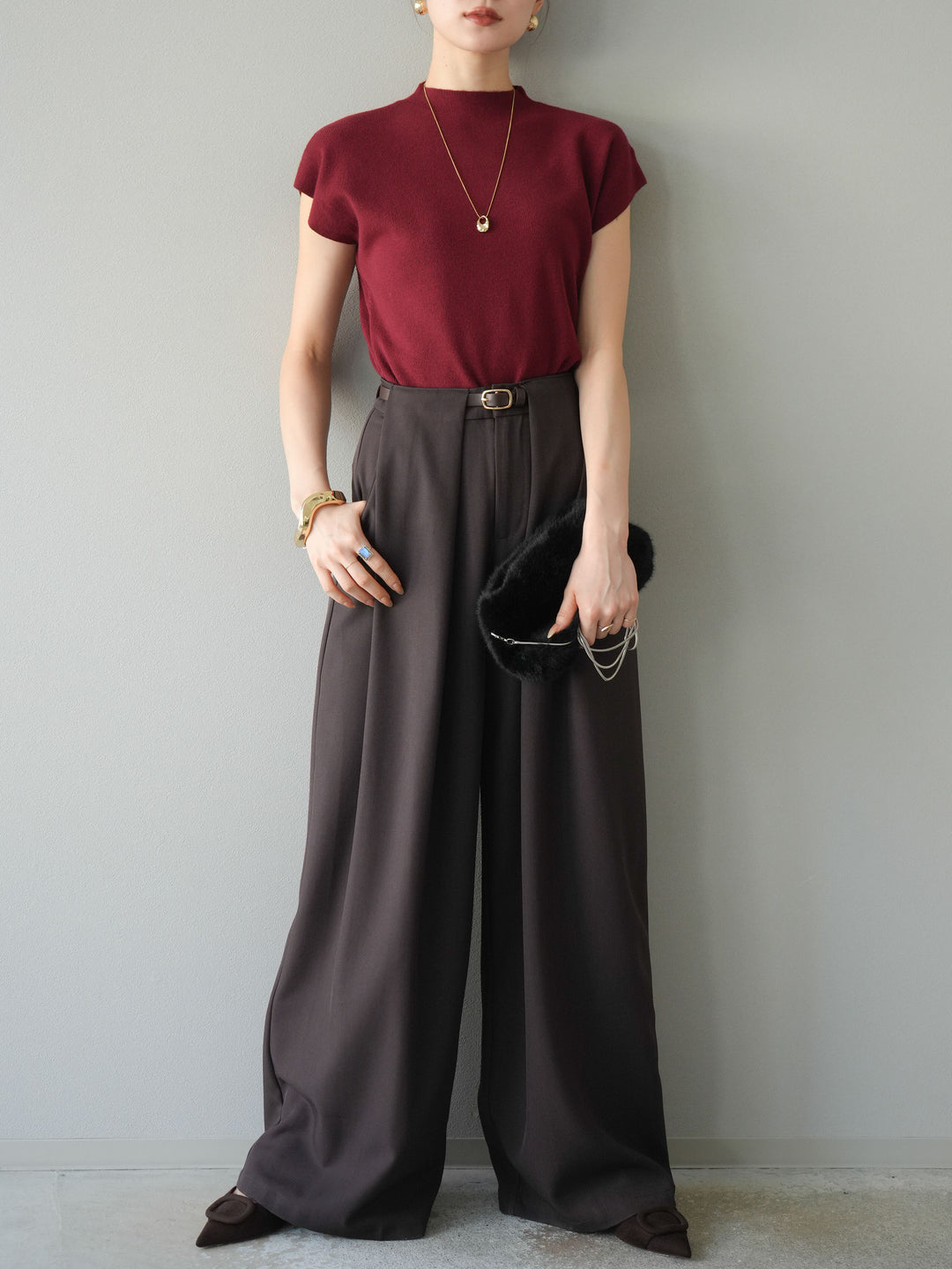 [予約]プチネックフレンチニットトップス/レッド