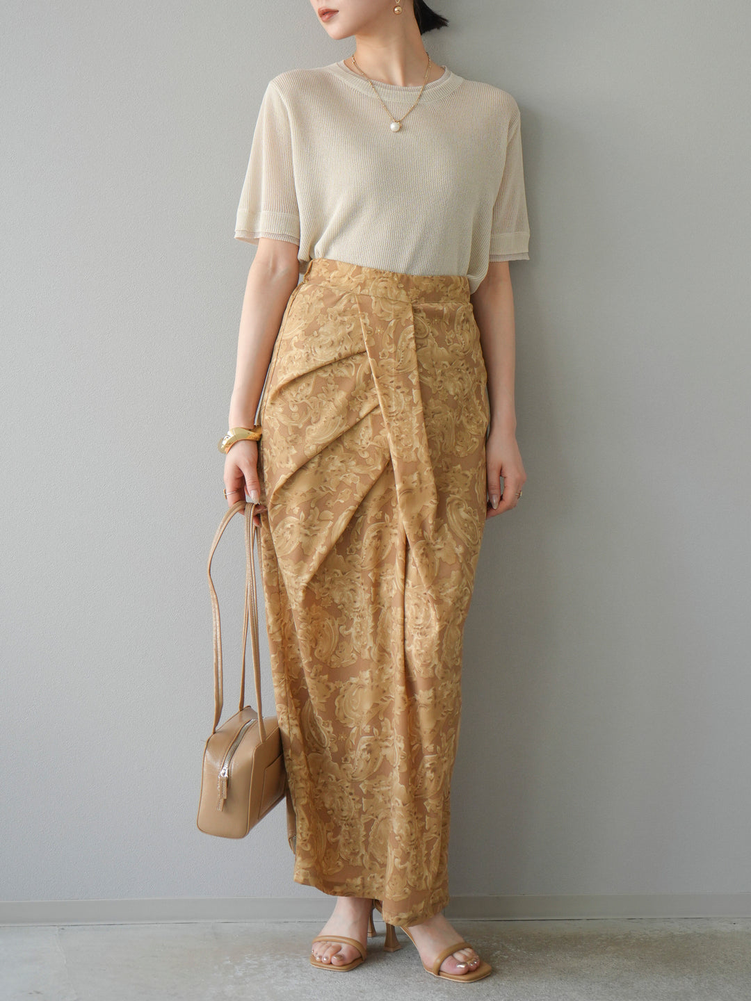 [SET]リネンタッチ配色二重臼ハーフニットトップス+選べるアソート柄スカートセット(2set)