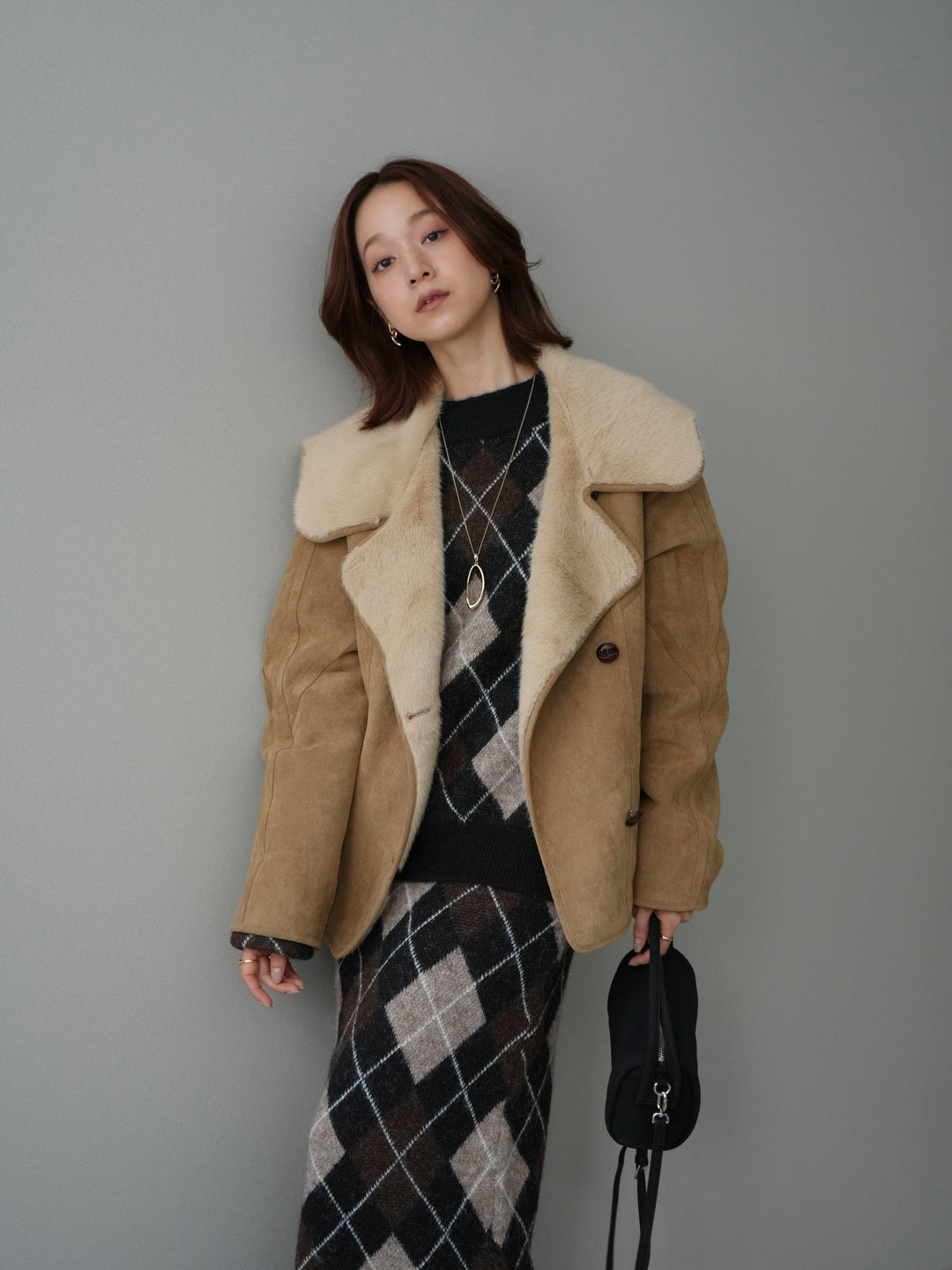 [SET]アーガイルニットプルオーバー&ロングスカートSET UP+ムートンショートジャケット(2set)