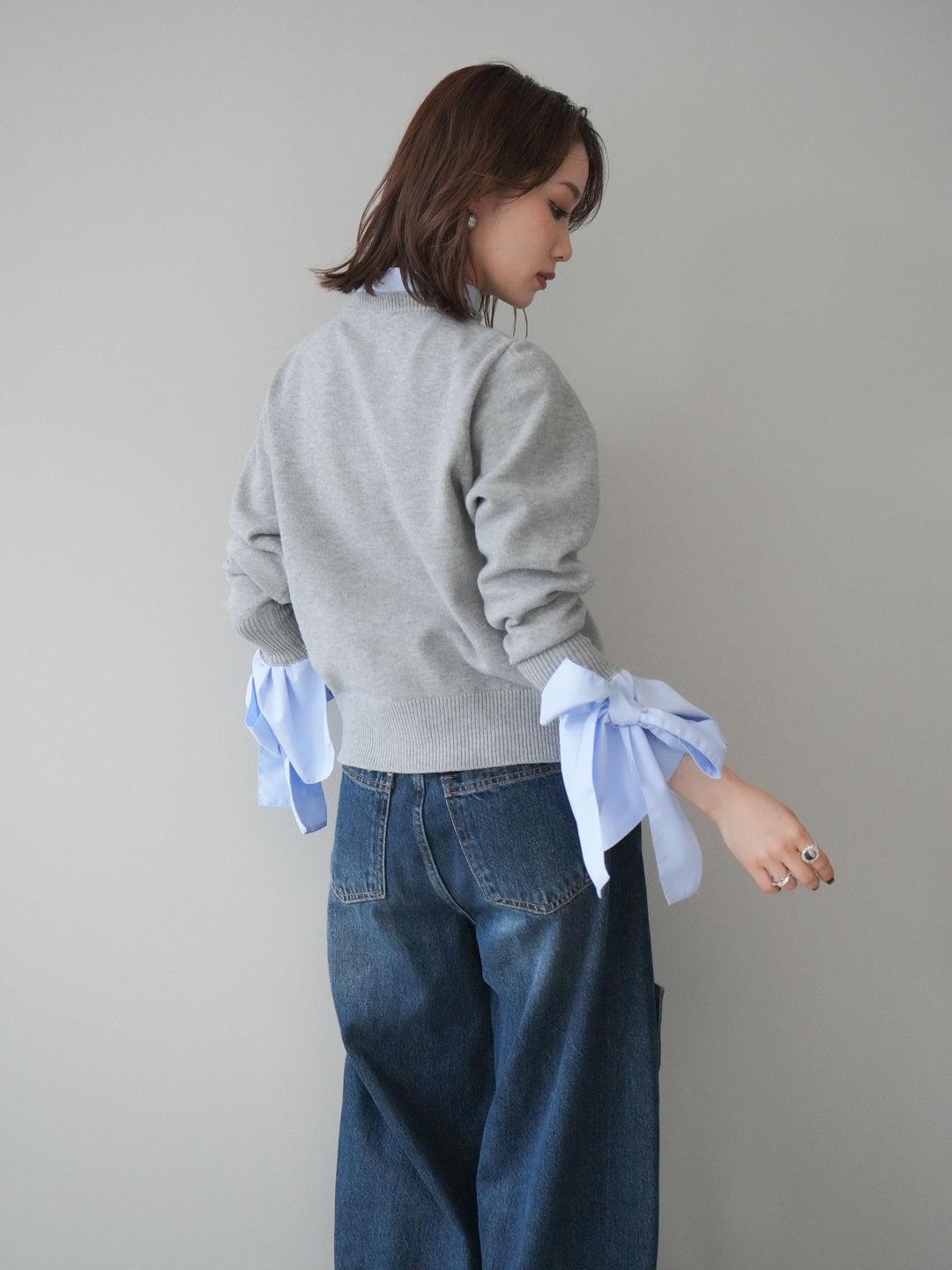 [予約]ウールライクリボンシャツカーディガン/gray