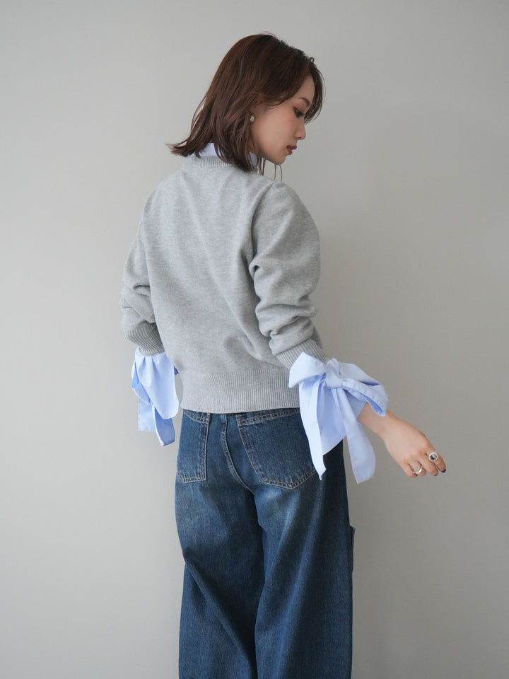 [予約]ウールライクリボンシャツカーディガン/gray