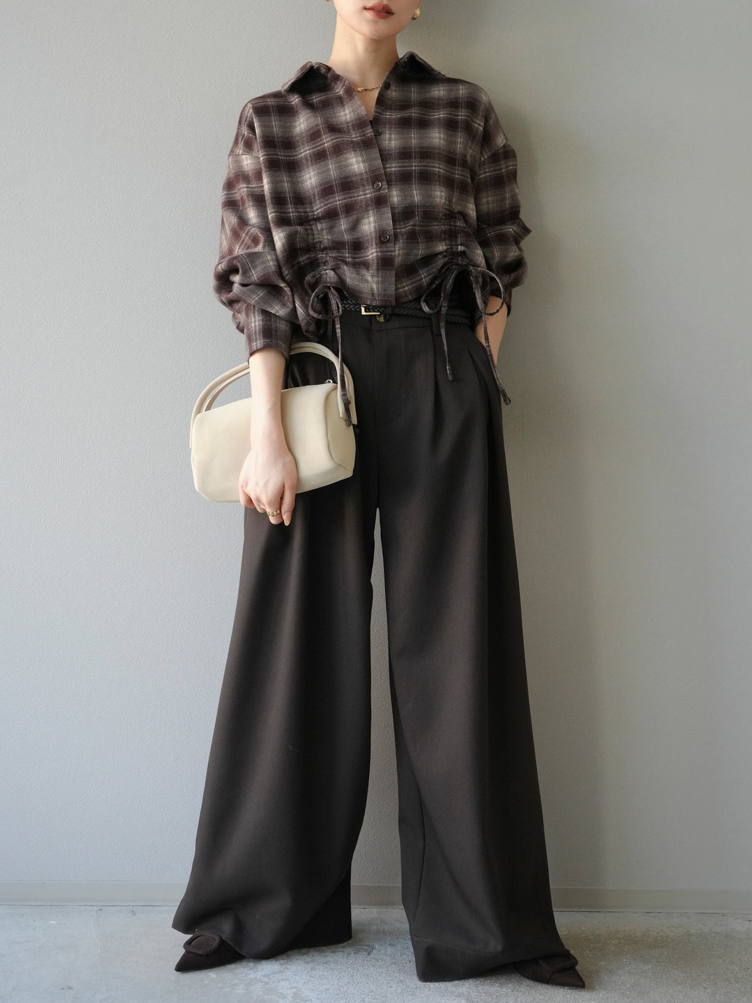 [予約]ドロストクロップネルチェックドシャツ/ブラウン