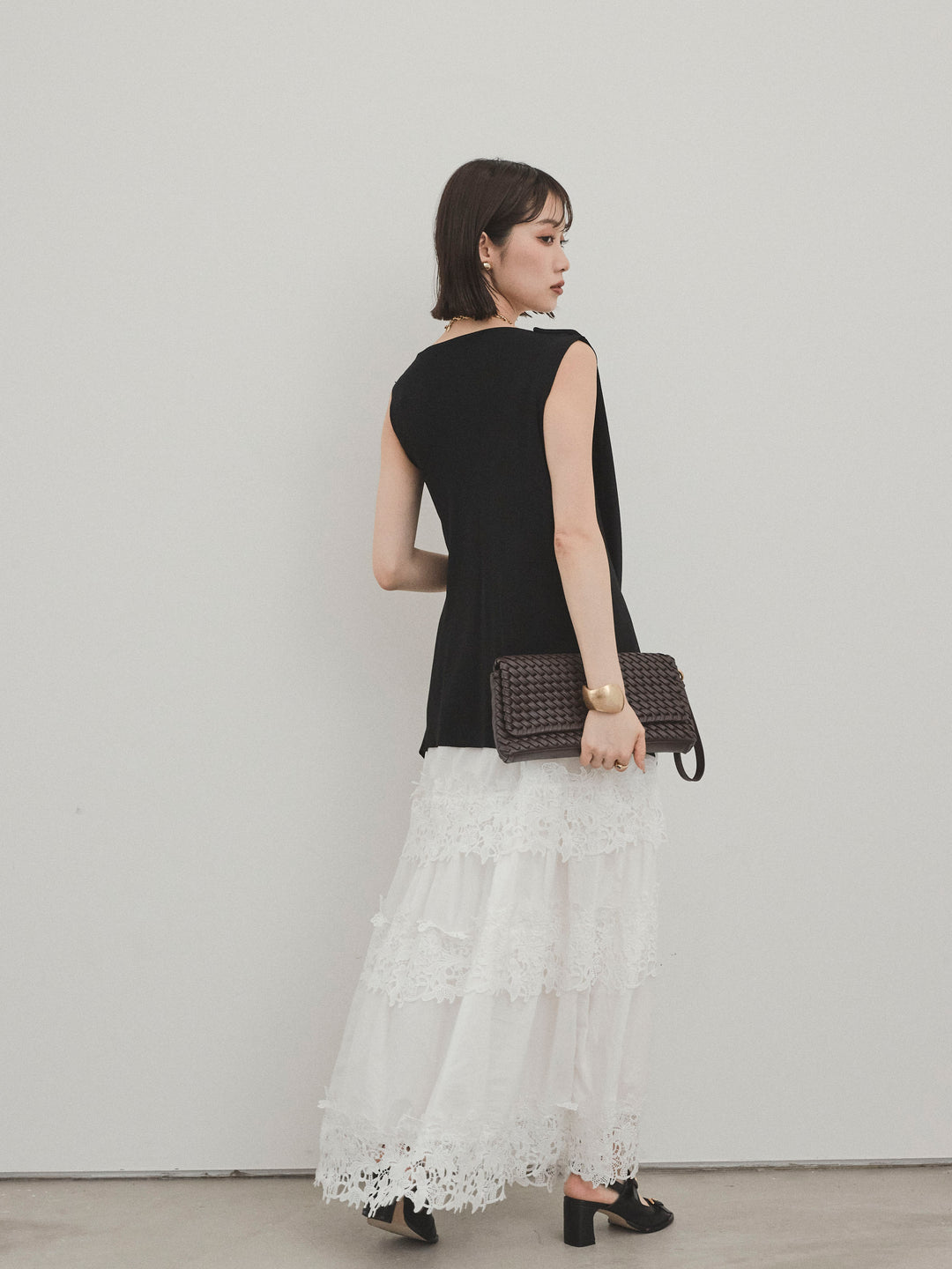 [SET]ドライタッチドレープニットプルオーバー+スカラップレースロングスカート(2set)