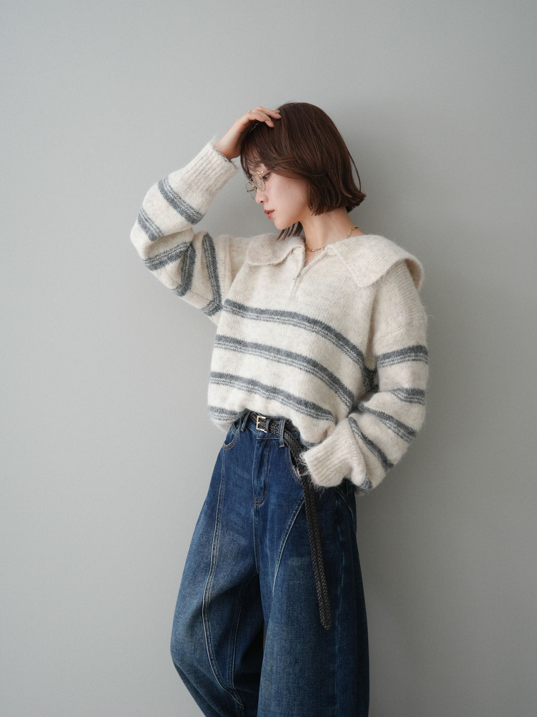 [SET]ハーフジップボーダーニットプルオーバー+裏起毛加工デニムカーブパンツ(2set)