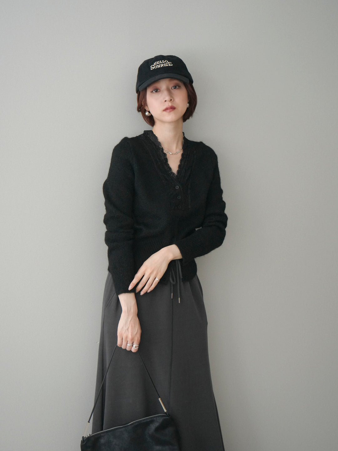 [SET]レースネックコンパクトニットカーディガン+選べるアクセセット(2set)