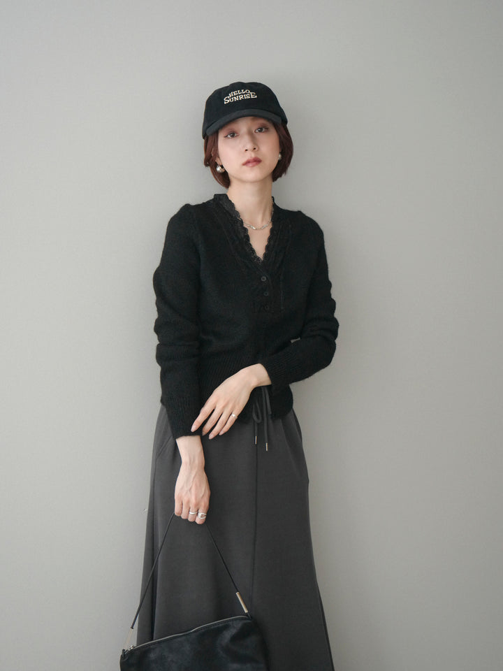 [SET]レースネックコンパクトニットカーディガン+選べるアクセセット(2set)