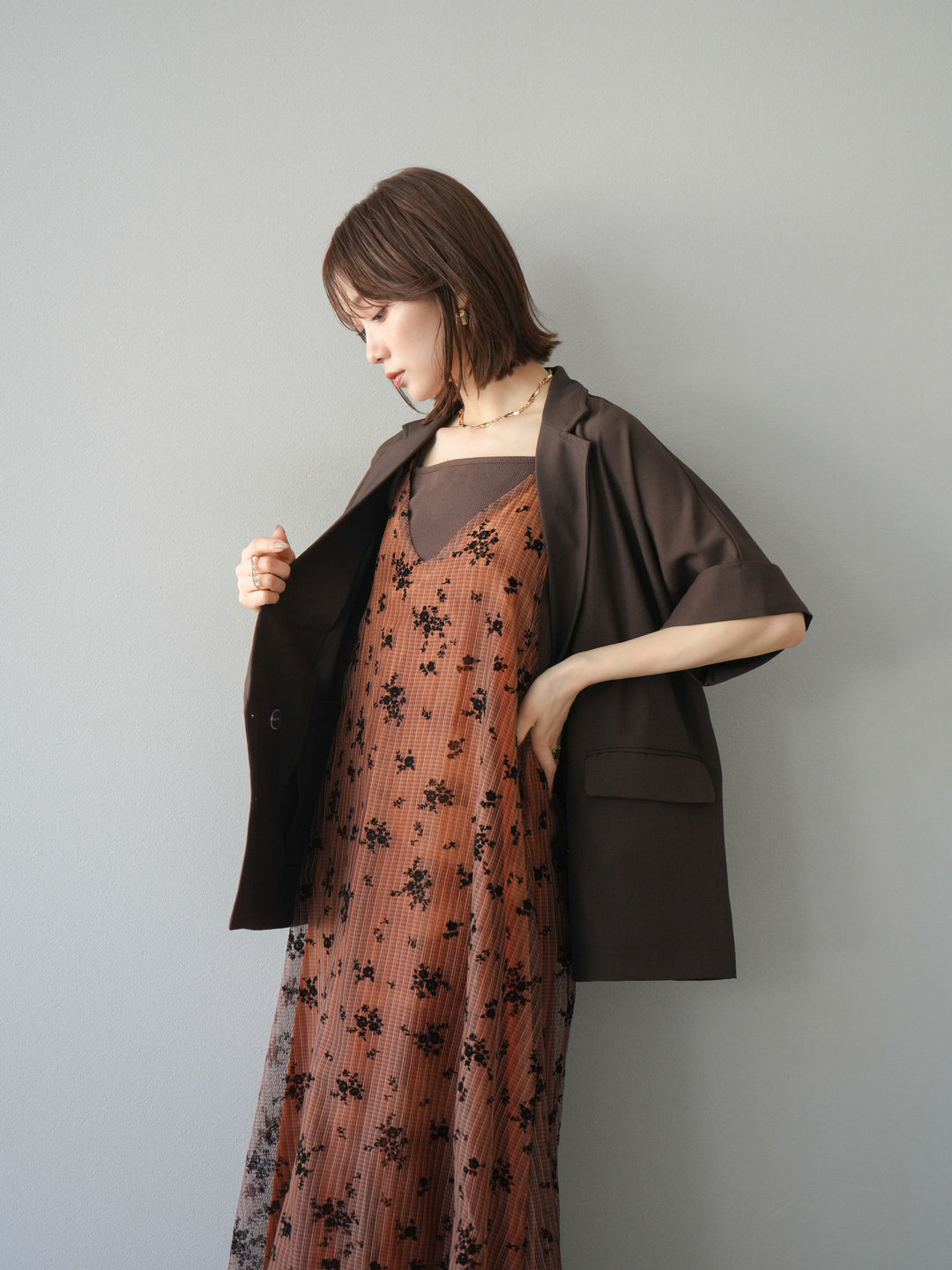 [套裝] 植絨薄紗層疊天鵝絨吊帶連身裙 + 金色紐帶半夾克 (2 套)