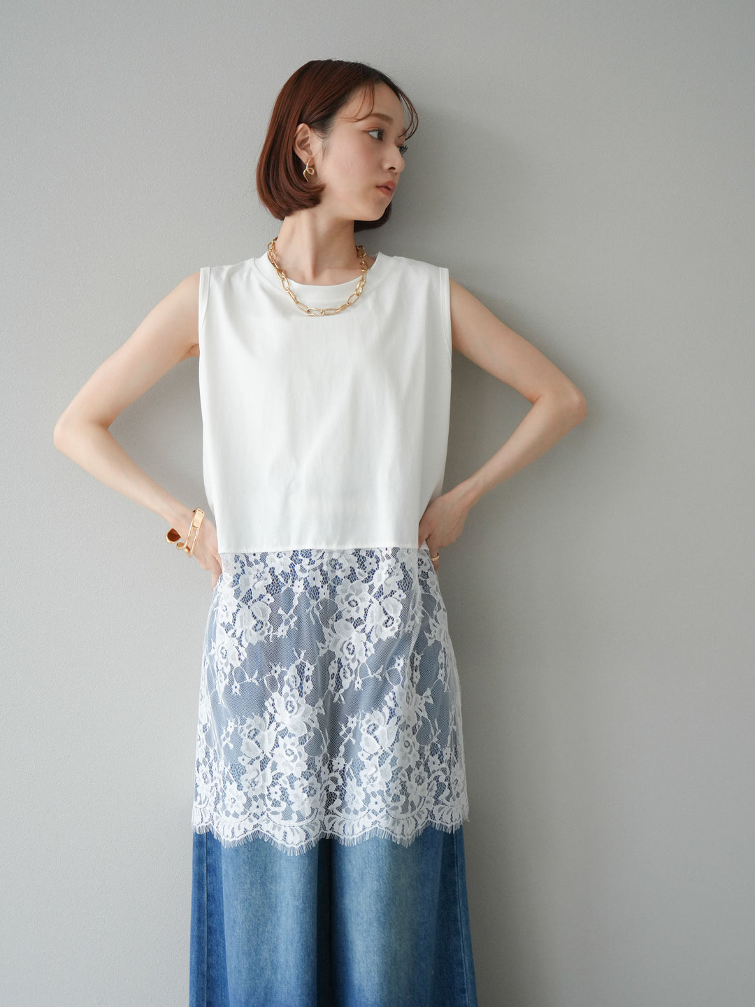 [予約]レース切替ノースリトップス/ホワイト