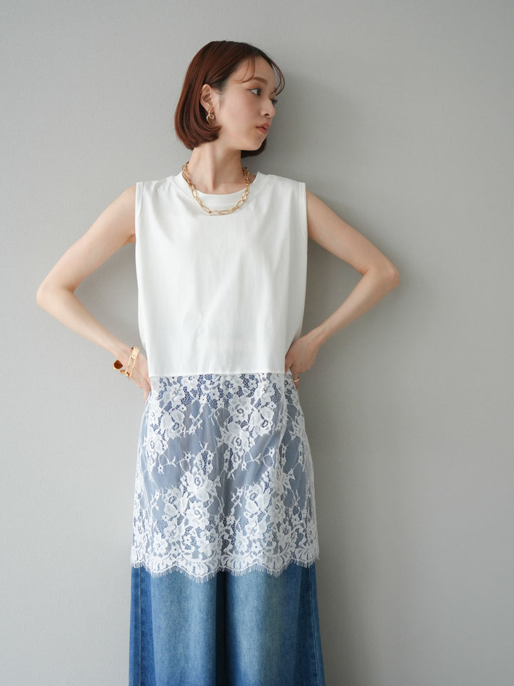 [予約]レース切替ノースリトップス/ホワイト