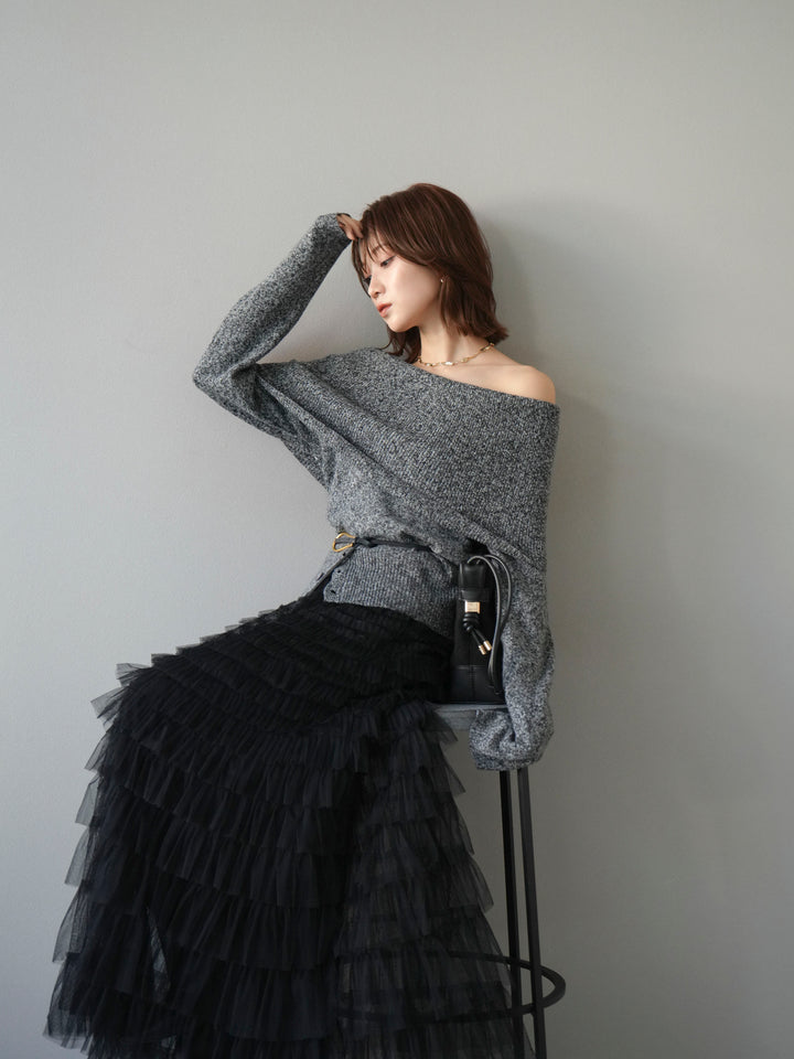 [予約]ミックスヤーンオフショルニットプルオーバー/ブラック