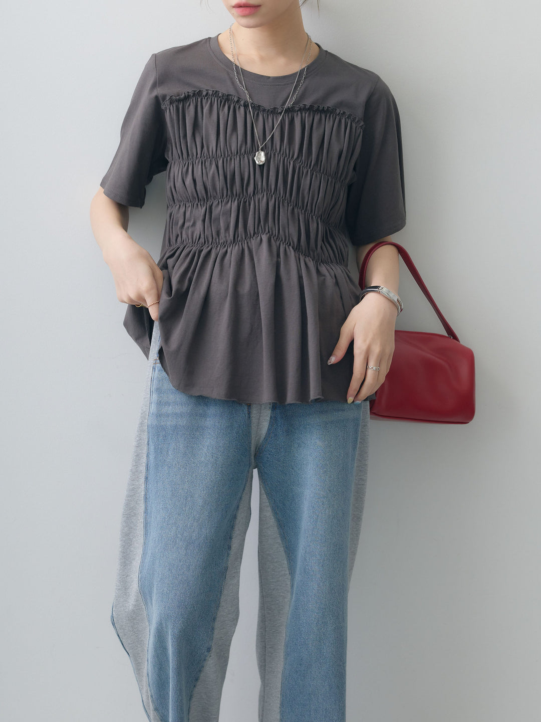 [SET]クールタッチシャーリングTEE+デニム切替スウェットパンツ(2set)