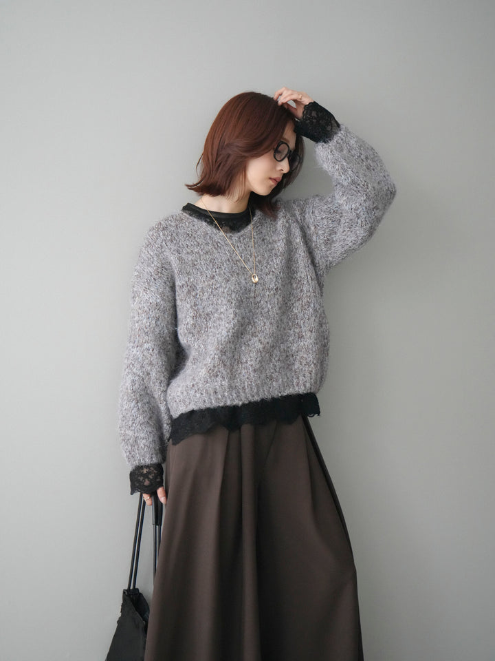 [SET]Vネックミックスヤーンニットプルオーバー+テープベルトタックバギーパンツ(2set)