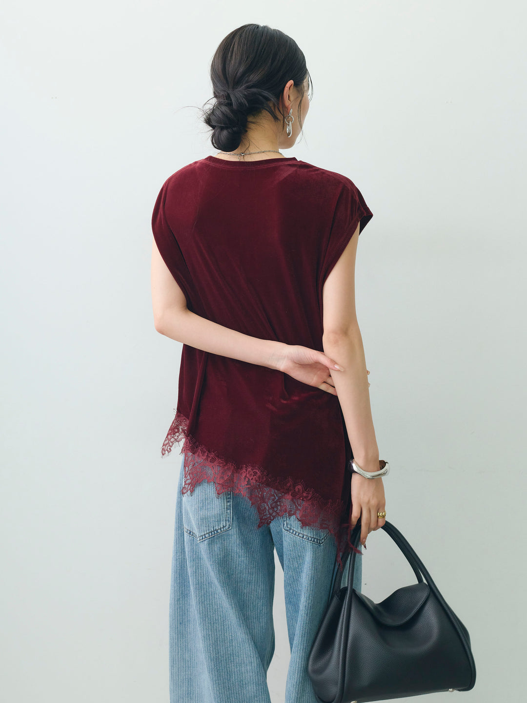 [予約]ベロアレースコンビアシメノースリトップス/bordeaux