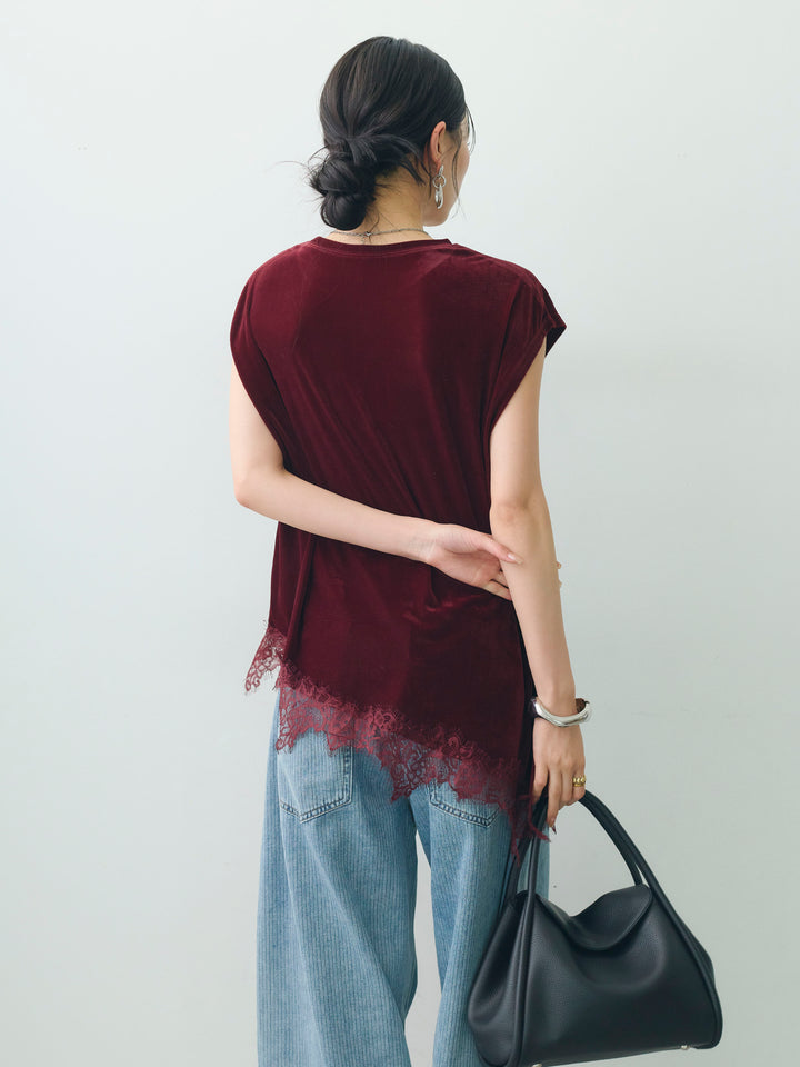 [予約]ベロアレースコンビアシメノースリトップス/bordeaux