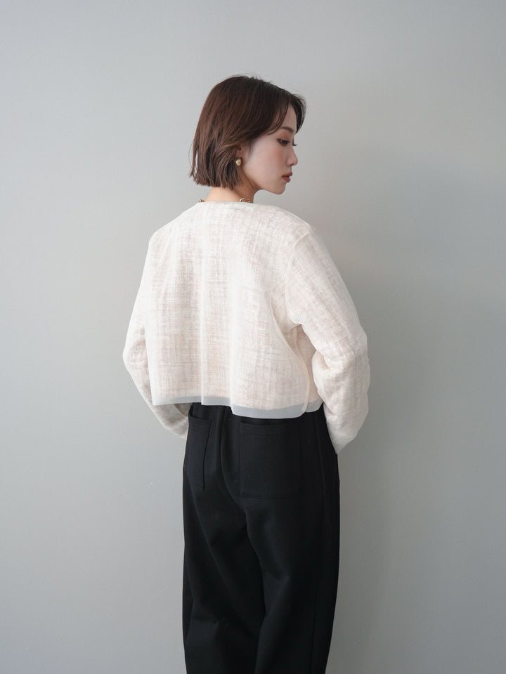 [SET]チュールレイヤードツイードクロップドジャケット+裾ZIPスエットワイドパンツ(2set)