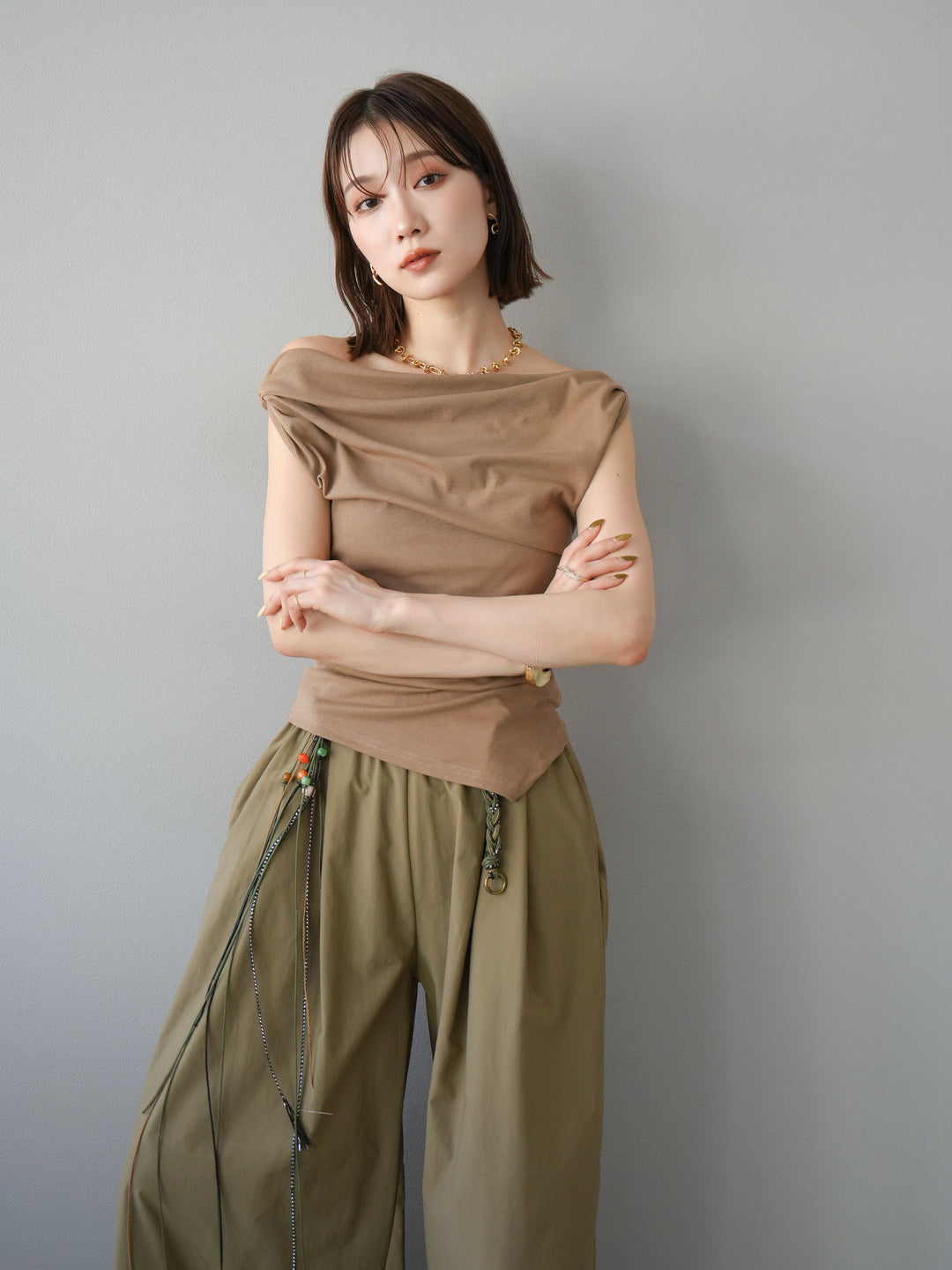 [SET]タックデザイントップス＆ビーズベルト付きパンツSET UP(2set)