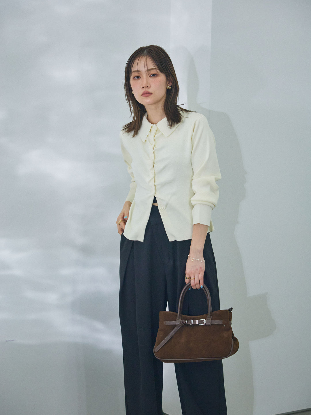 【Allure】[SET]襟付きギャザーニットカーディガン+アシンメトリーウエストタックパンツ(2set)