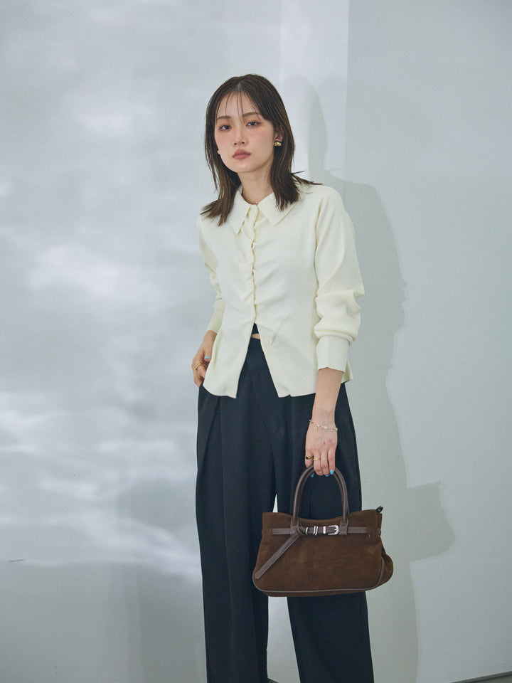 【Allure】[SET]襟付きギャザーニットカーディガン+アシンメトリーウエストタックパンツ(2set)