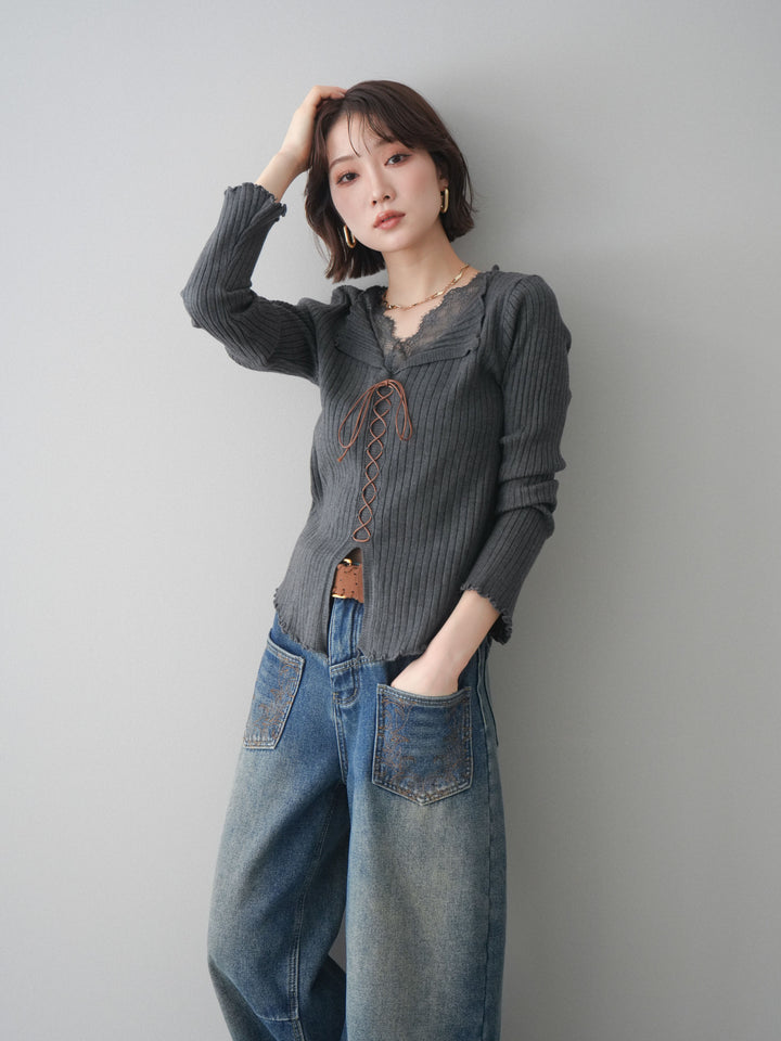 [予約]レースネックレースアップリブニットトップス/gray