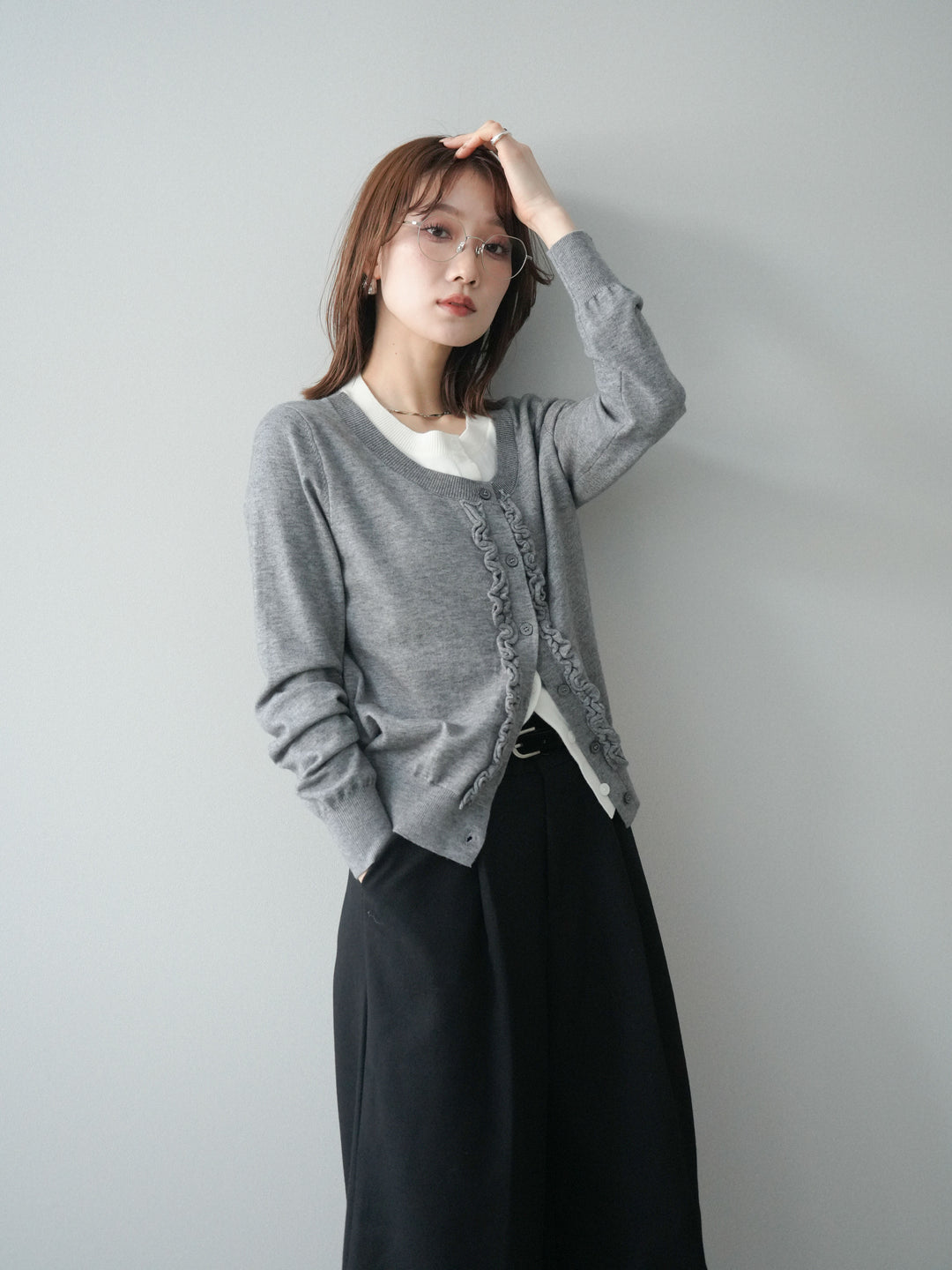 [予約]配色レイヤードフリルデザインニットカーディガン/gray