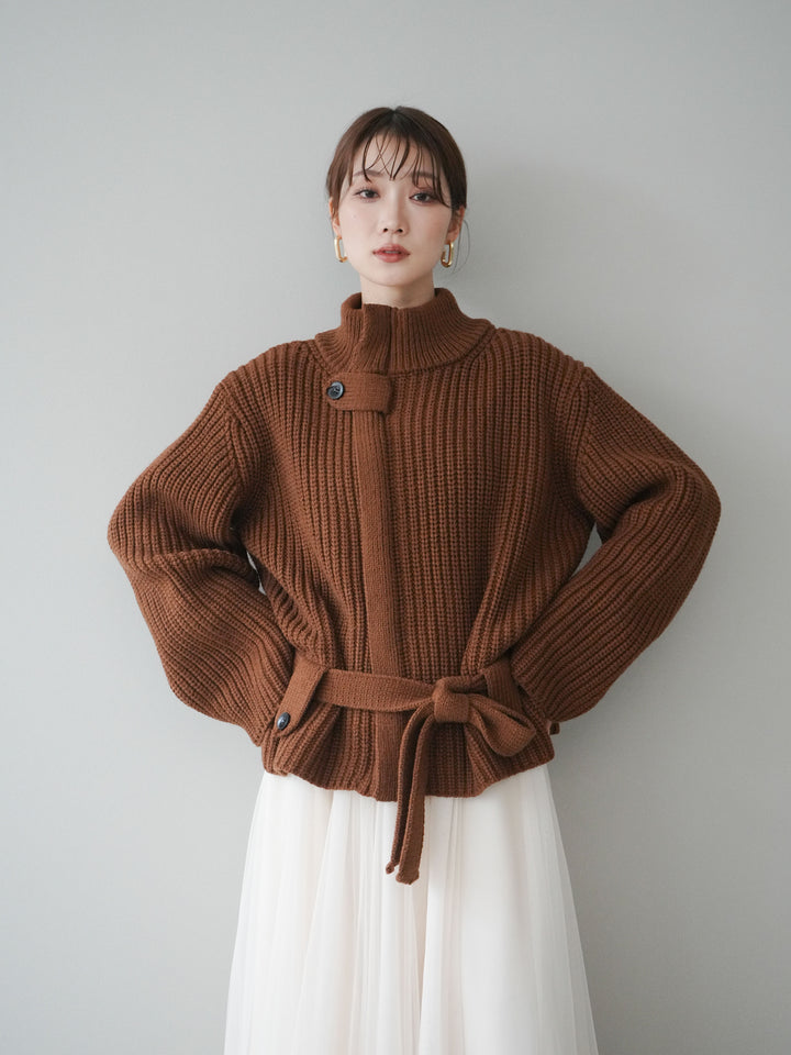 [SET]畦編みボトルネックZIPニットカーディガン+チュールボリュームスカート(2set)