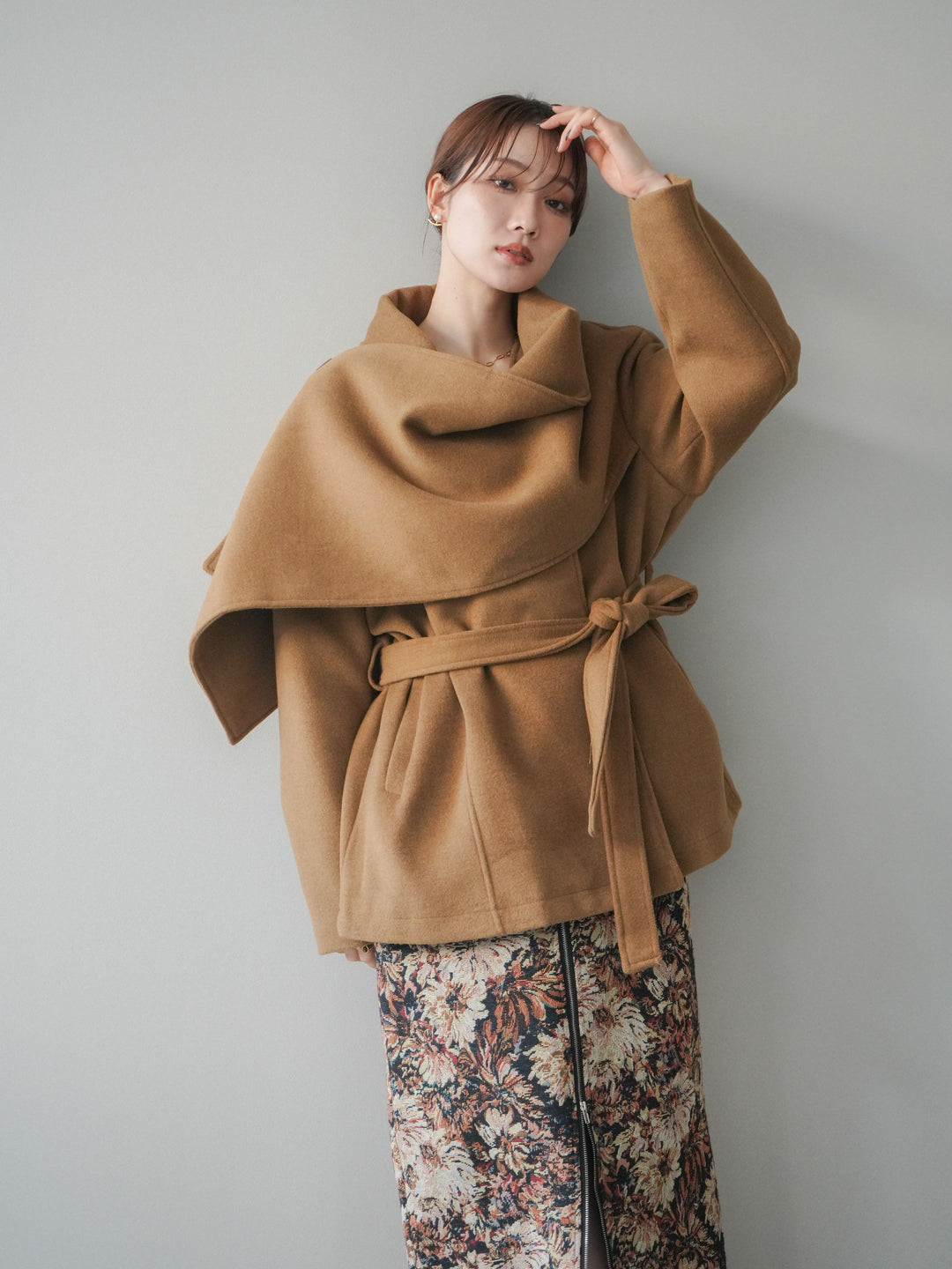 [予約]ストールデザインショートコート/camel