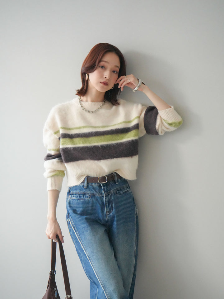 [SET]ソフトタッチボーダークロップドニットプルオーバー+サイドフリンジワイドデニムパンツ(2set)