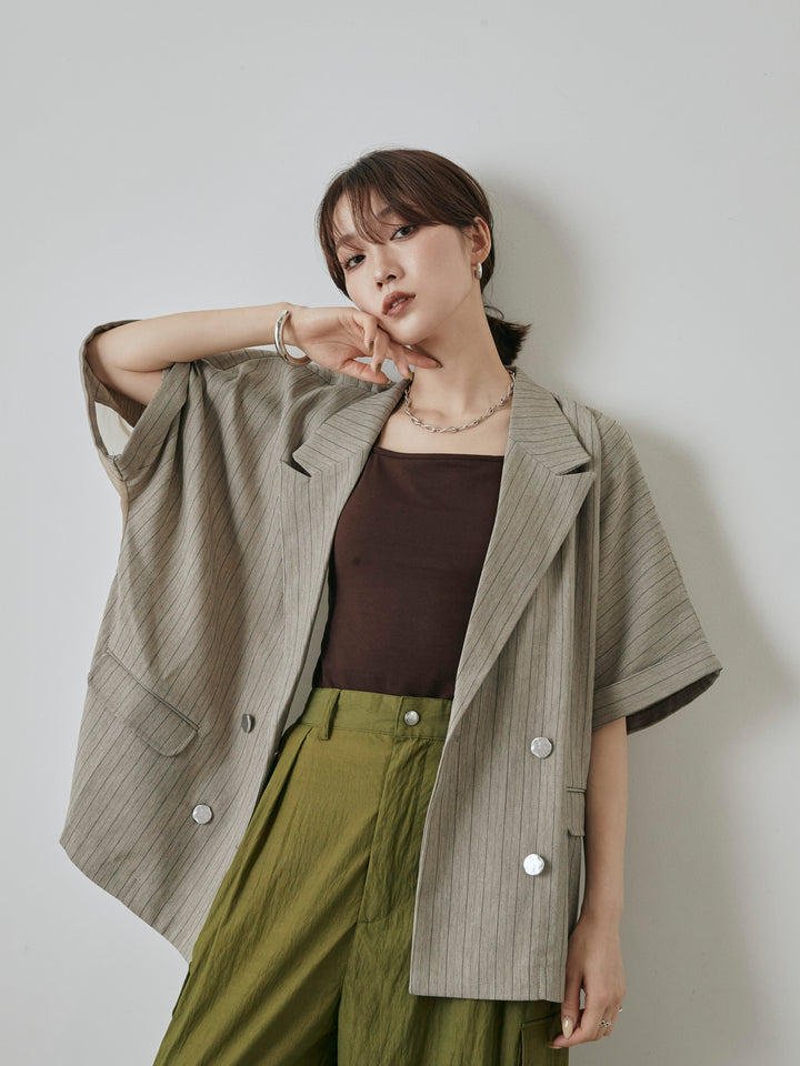 [予約]バックオーガンジーヘリンボーンストライプハーフジャケット/グレージュ