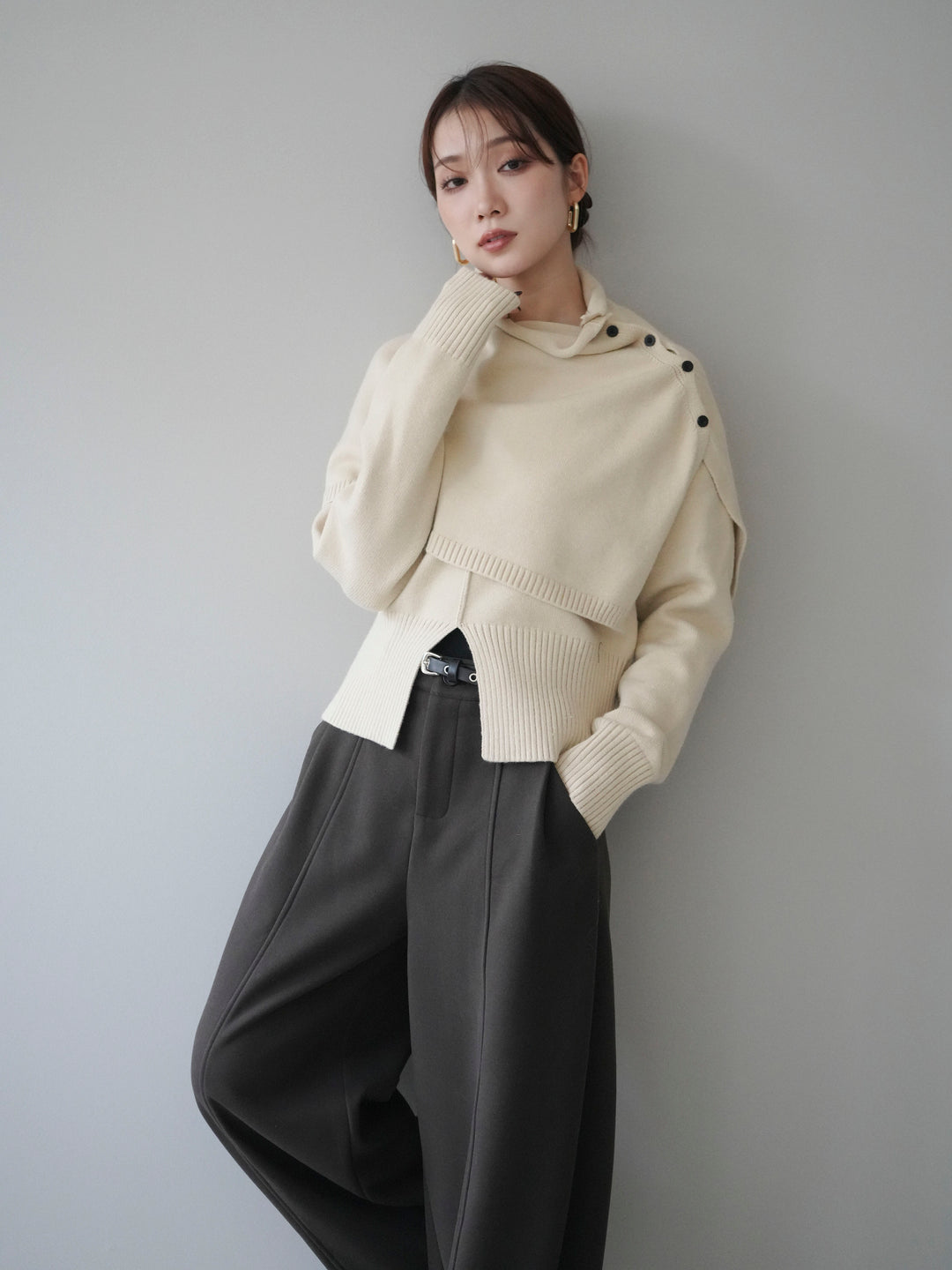 [予約]フロントスリットネックアンサンブルニット/ivory