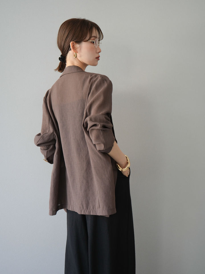 [SET] 金色扣環透視外套 + 滾邊花朵透視天鵝絨吊帶背心 + 繩紋腰帶麻感寬褲 (3 件套)