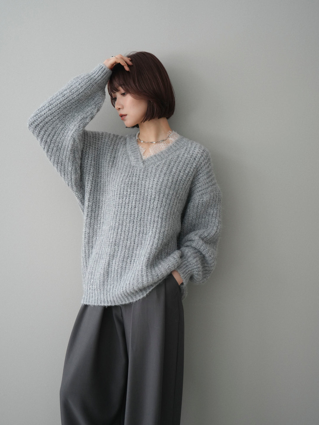 [SET]Vネックレースニットプルオーバー+ベルトループデザインワイドパンツ(2set)