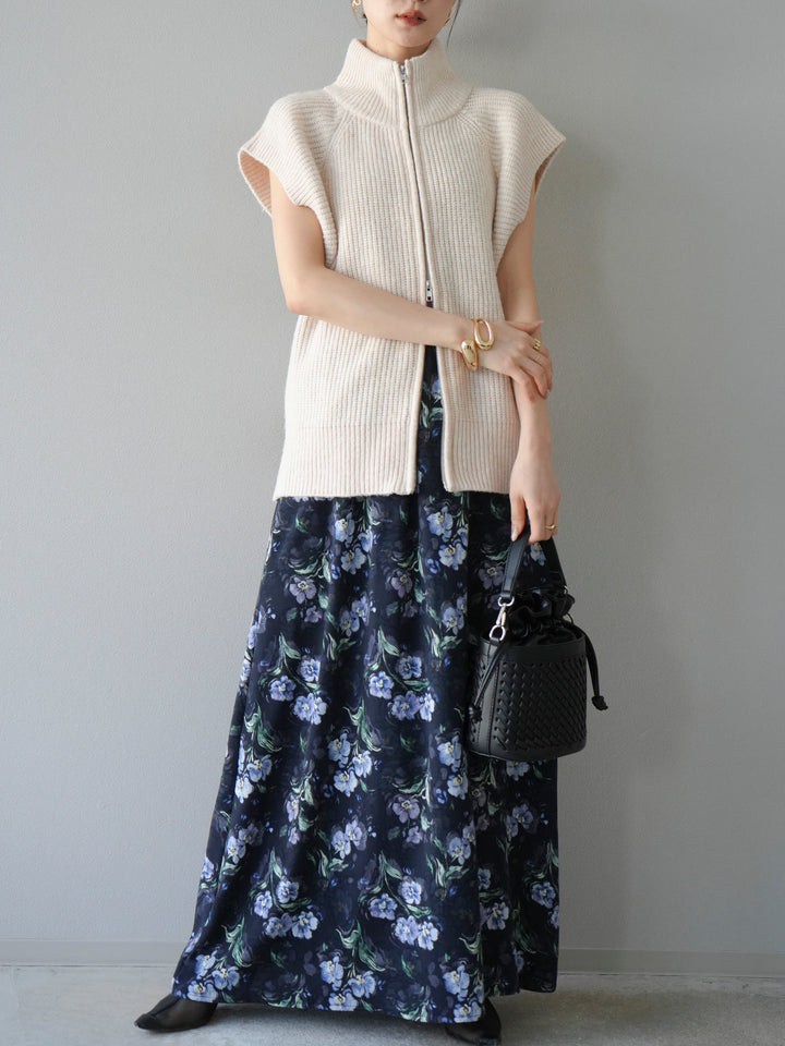 [予約]ダブルZIPハイネック畦編みニットベスト/オートミール