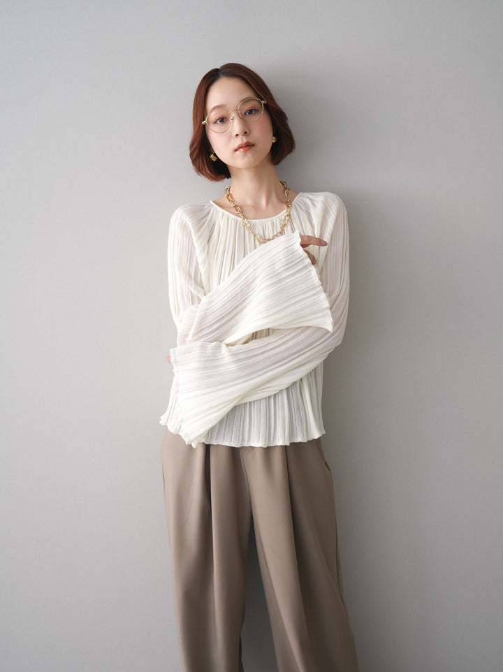 [SET]プリーツシアーフレアスリーブニットトップス+ベルト付キーホルダーモチーフワイドパンツ(2set)