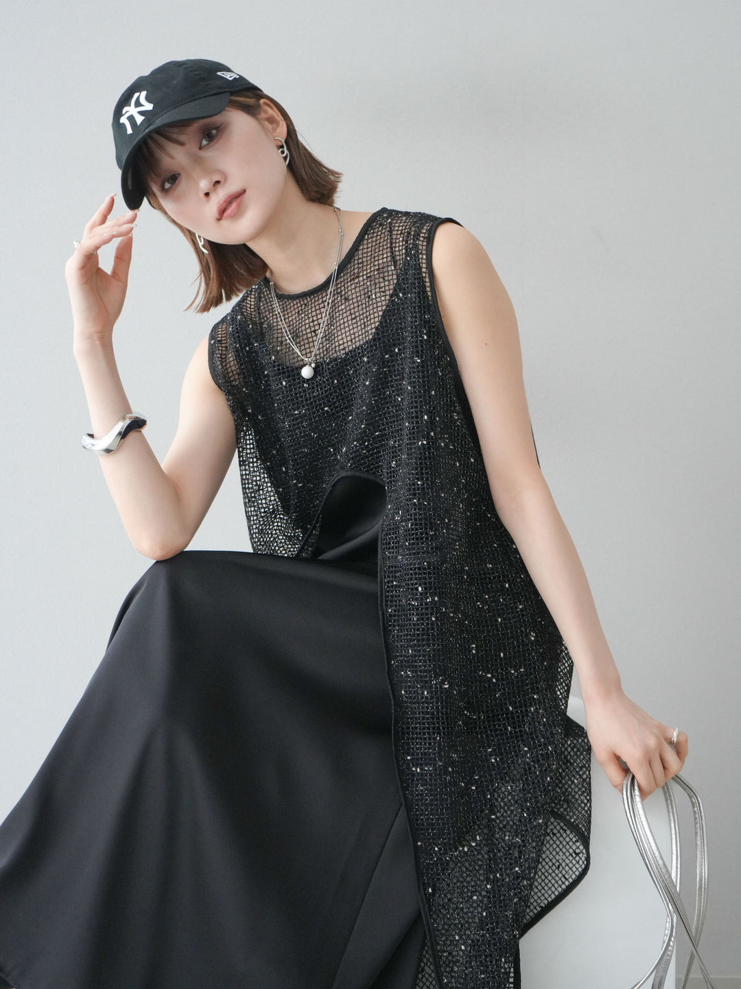 【預購】前開衩網紗連身裙/黑色