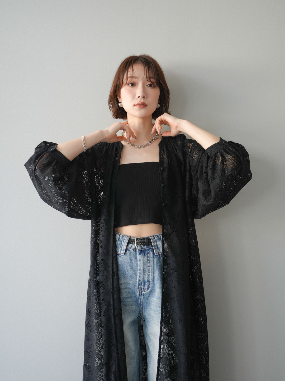 【預購】薄紗蕾絲長裙 / 黑色