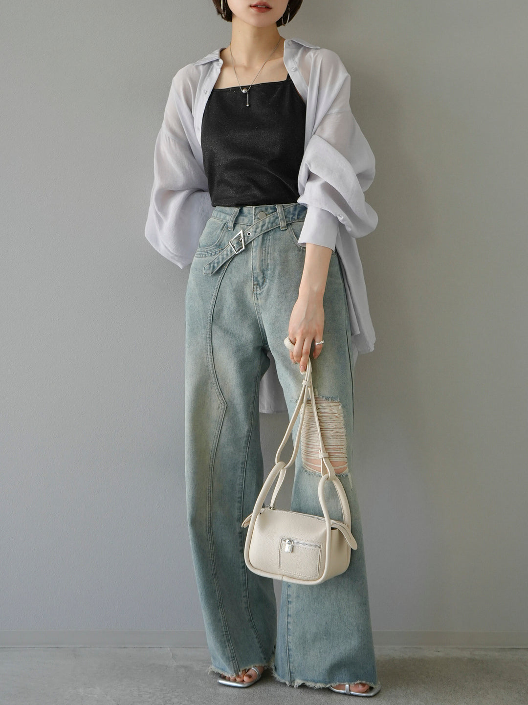 【預訂】捲袖透明套衫/淺灰色