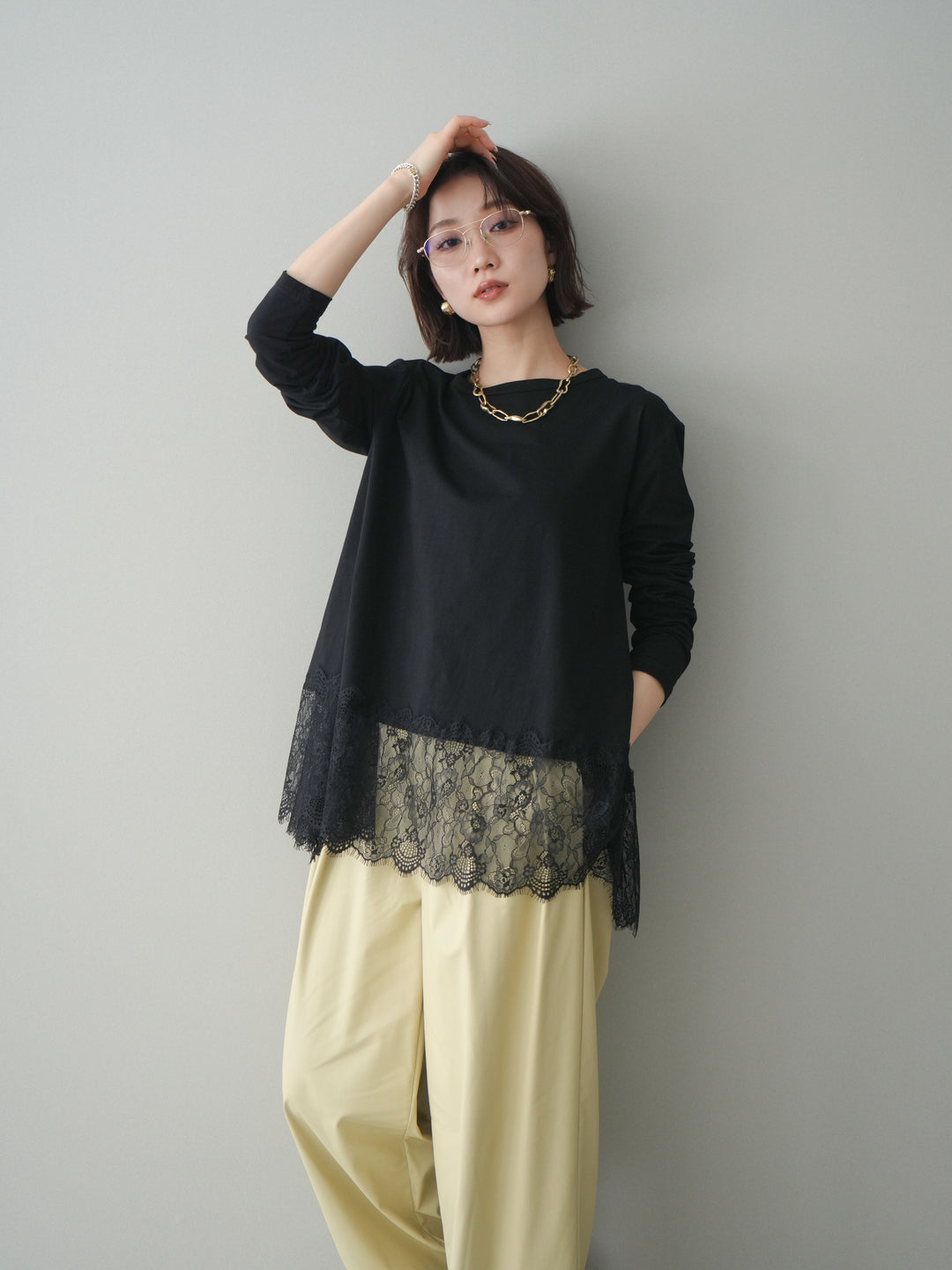 [SET]裾レースロングスリーブTシャツ+選べるアクセセット(2set)