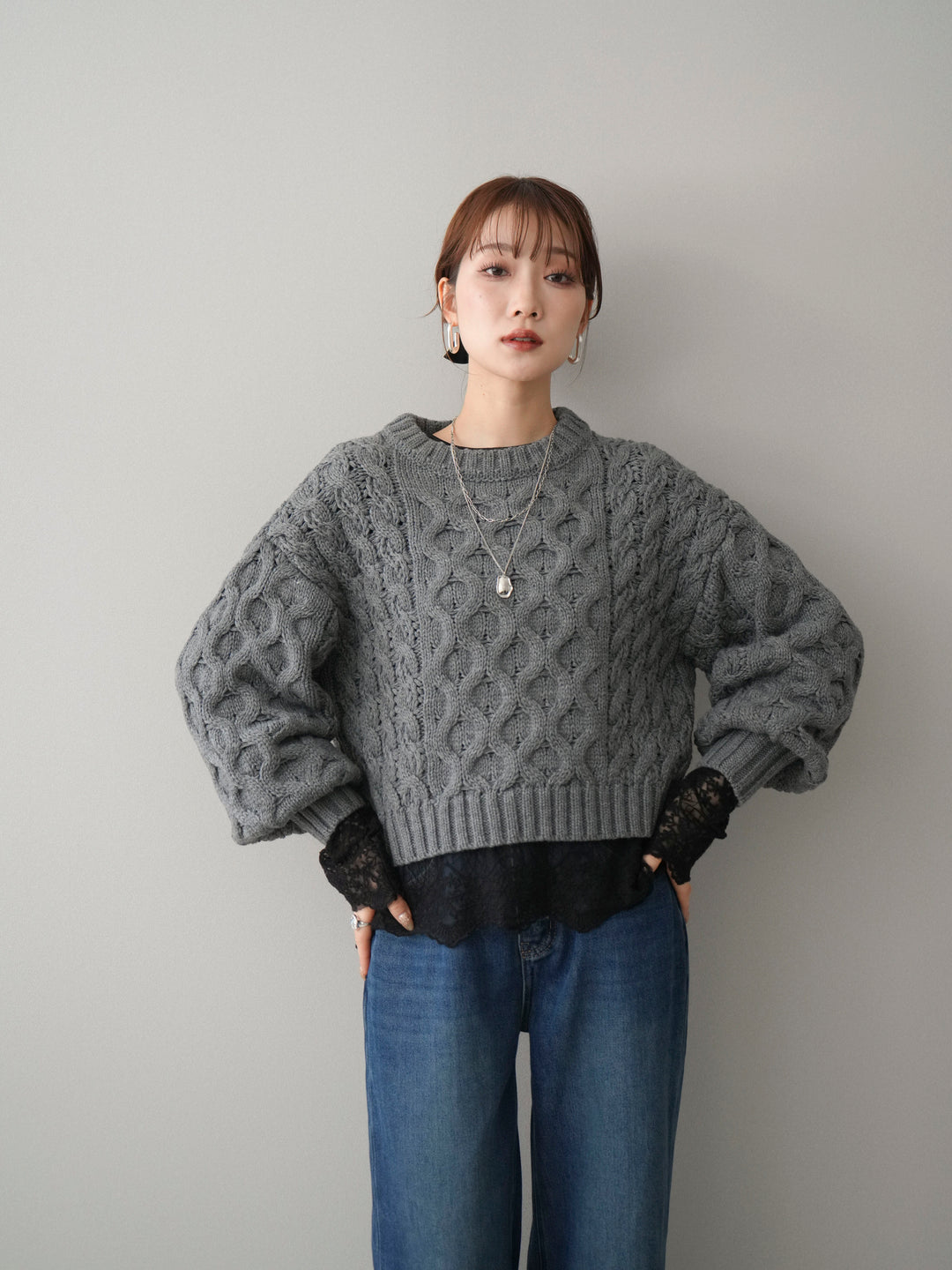 [SET]バルキーケーブルクロップドニットプルオーバー+チュールレーストップス(2set)