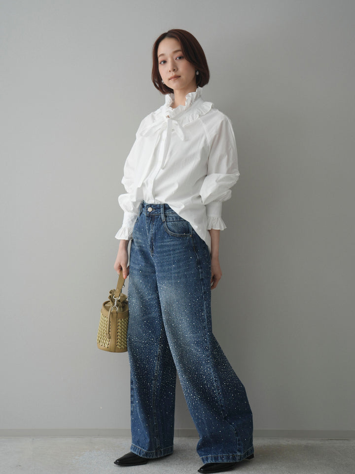 [予約]フリルネックギャザーブラウス/white