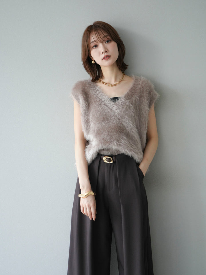 [SET]ラメシャギーVネックニットベスト+ベルトループデザインワイドパンツ(2set)