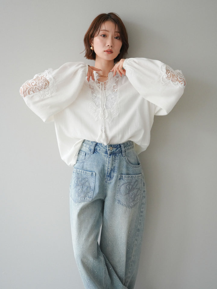 [予約]レーススリーブスキッパーブラウス/white