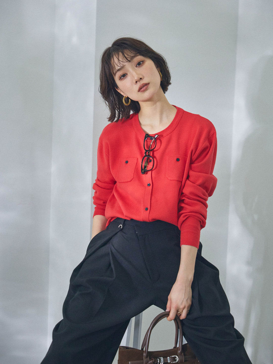 【Allure】[SET]ミニポケットニットカーディガン+アシンメトリーウエストタックパンツ(2set)