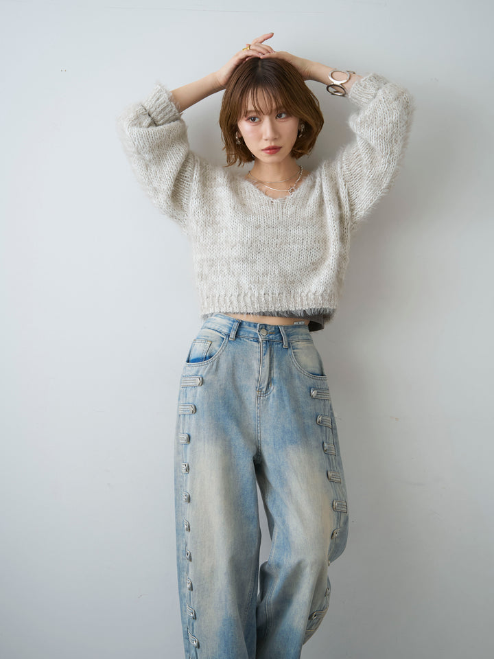 [SET]Vネックシャギークロップニットトップス+選べるアクセセット(2set)