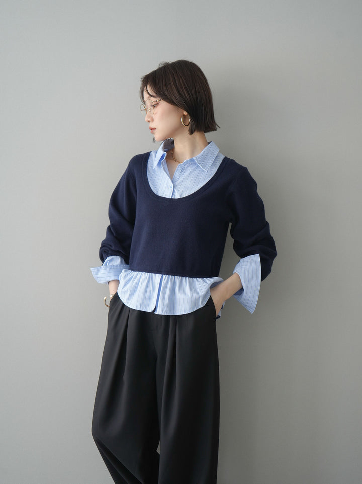 [予約]ストライプシャツUネックドッキングニットプルオーバー/navybluestripeB