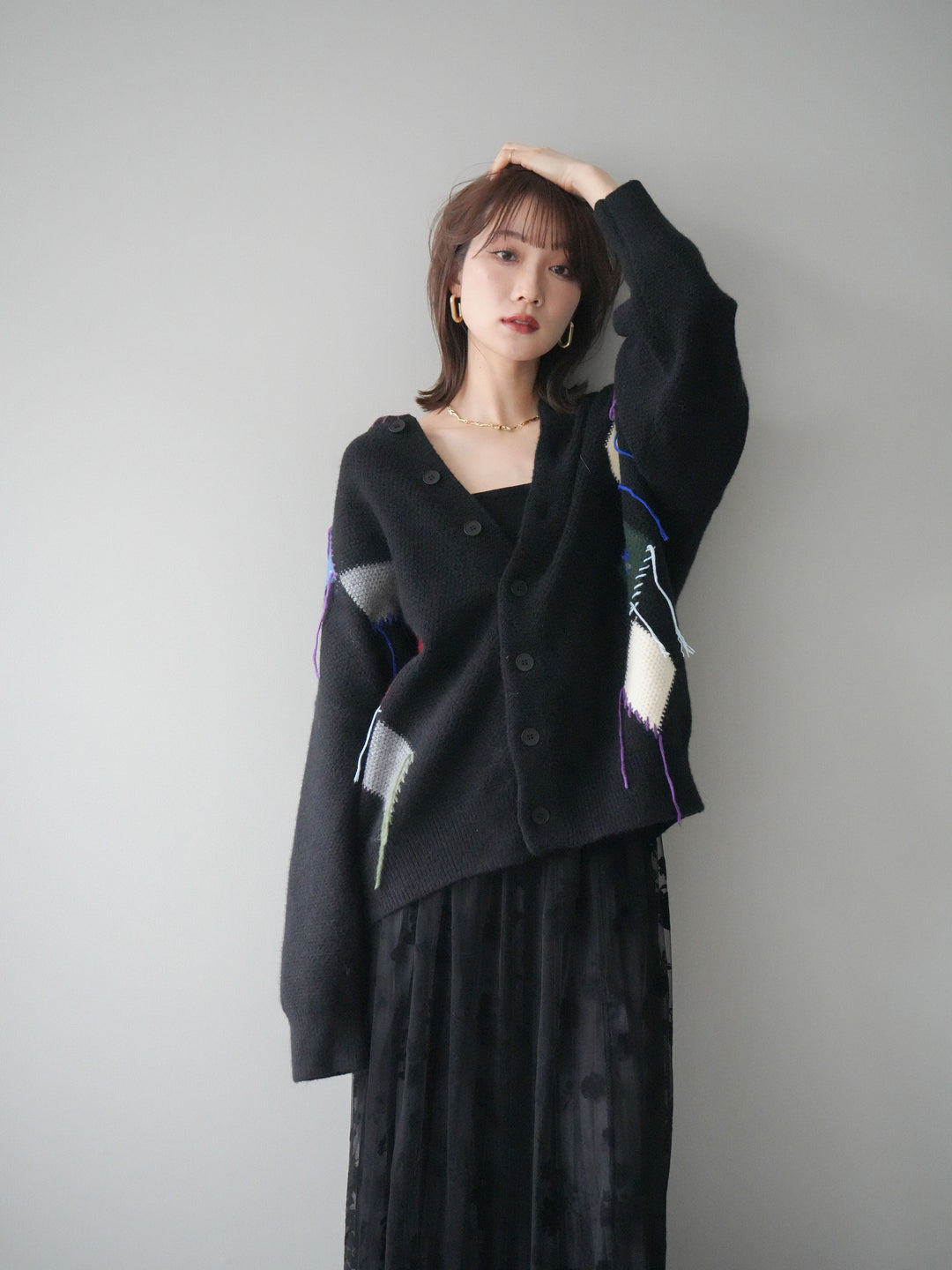 [予約]ハンドステッチアーガイルデザインニットカーディガン/black