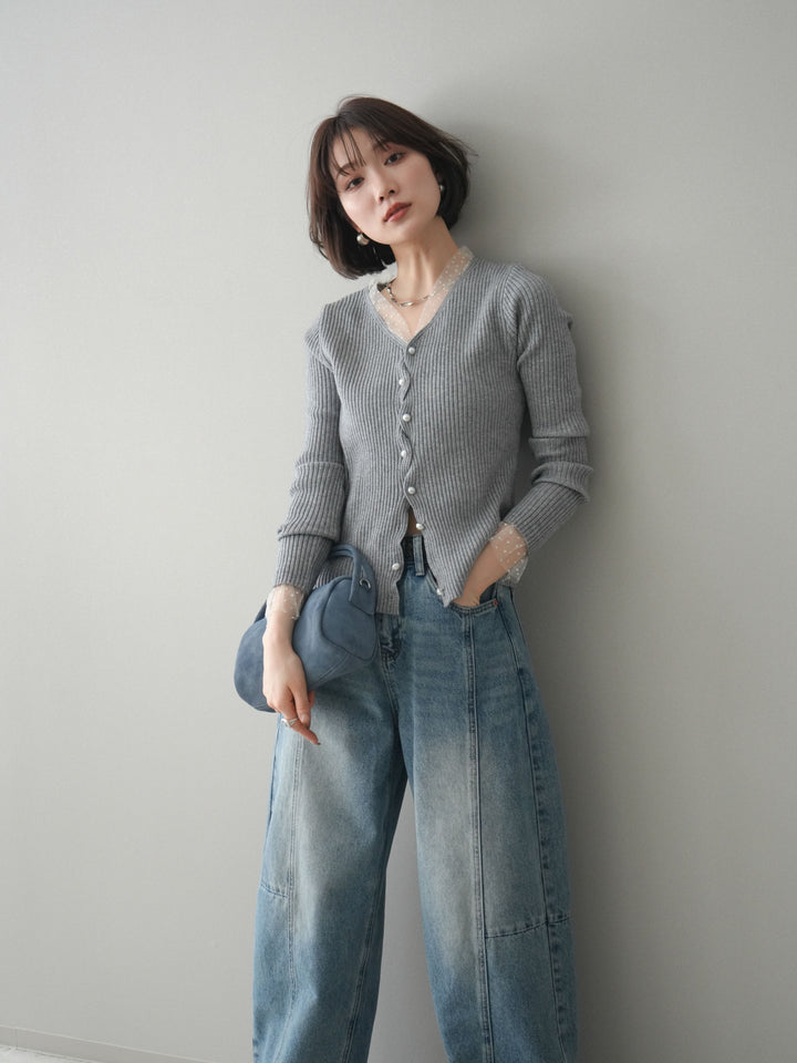 [予約]チュールドッキングパールボタンニットカーディガン/gray